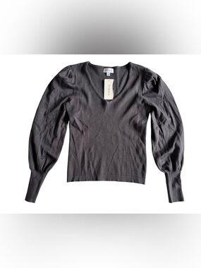 NWT Evereve Puff-Sleeve V-Neck Sweater in Charcoal Gray